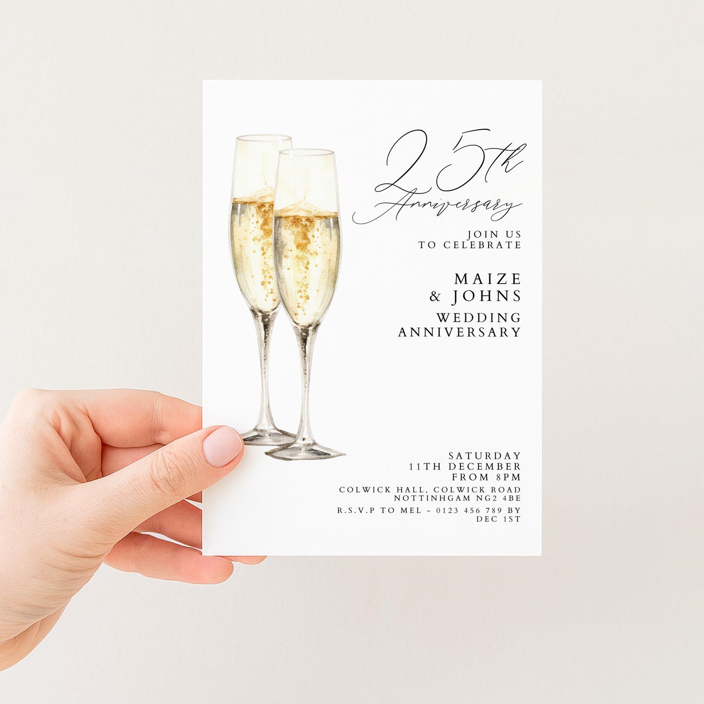 The image is a wedding anniversary invitation card featuring champagne glasses and the text "25th Anniversary" along with details about the celebration.