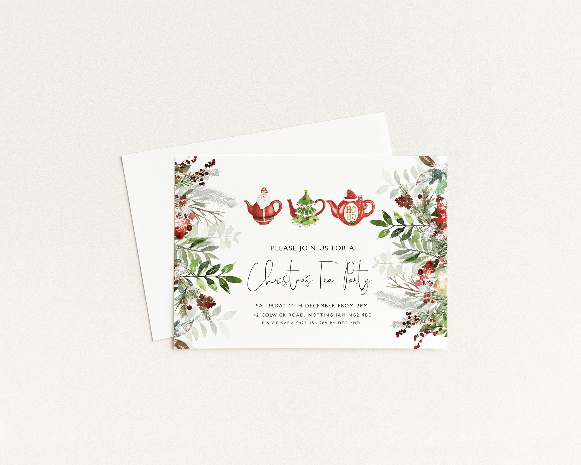 A Christmas-themed invitation card with a floral border and illustrations of Christmas teapots.