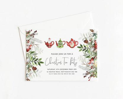A Christmas-themed invitation card with illustrations of teapots and greenery, inviting guests to a tea party on Saturday, December 14th from 2pm at 42 Colin Road, Nottingham NG4 2LS.