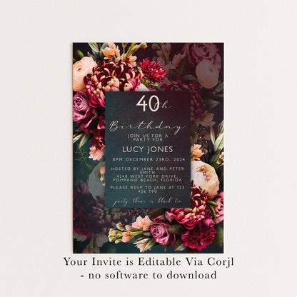 A birthday party invitation for Lucy Jones, featuring a floral design with red, pink, and white flowers.