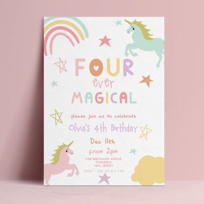 The image is a birthday invitation for a 4th birthday party, featuring a unicorn and a rainbow.