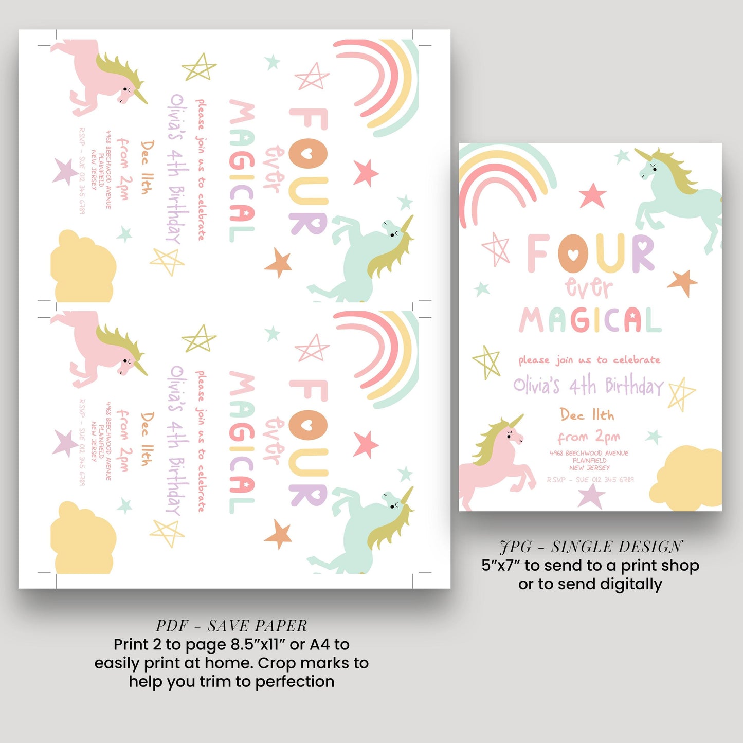 The image is a birthday invitation featuring a unicorn theme. It includes text and illustrations of a unicorn, stars, and a rainbow. The invitation is for a 4th birthday celebration and invites guests to join the party.