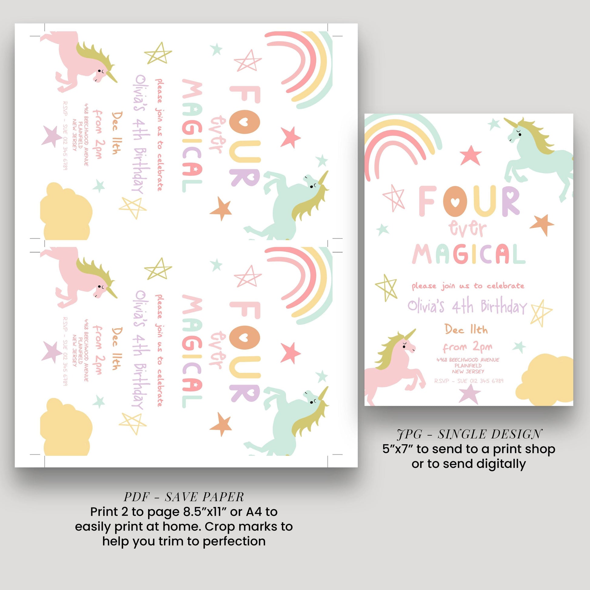 The image is a birthday invitation featuring a unicorn theme. It includes text and illustrations of a unicorn, stars, and a rainbow. The invitation is for a 4th birthday celebration and invites guests to join the party.