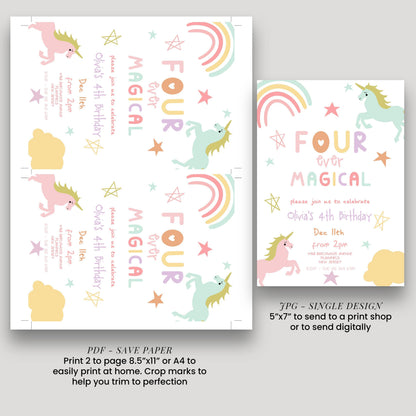 The image is a birthday invitation featuring a unicorn theme. It includes text and illustrations of a unicorn, stars, and a rainbow. The invitation is for a 4th birthday celebration and invites guests to join the party.
