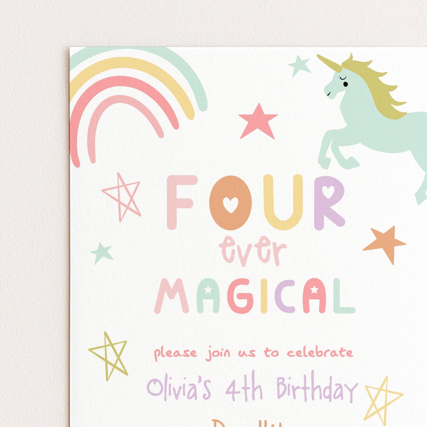 The image is a birthday invitation for a 4th birthday party, featuring a unicorn, stars, and a rainbow.