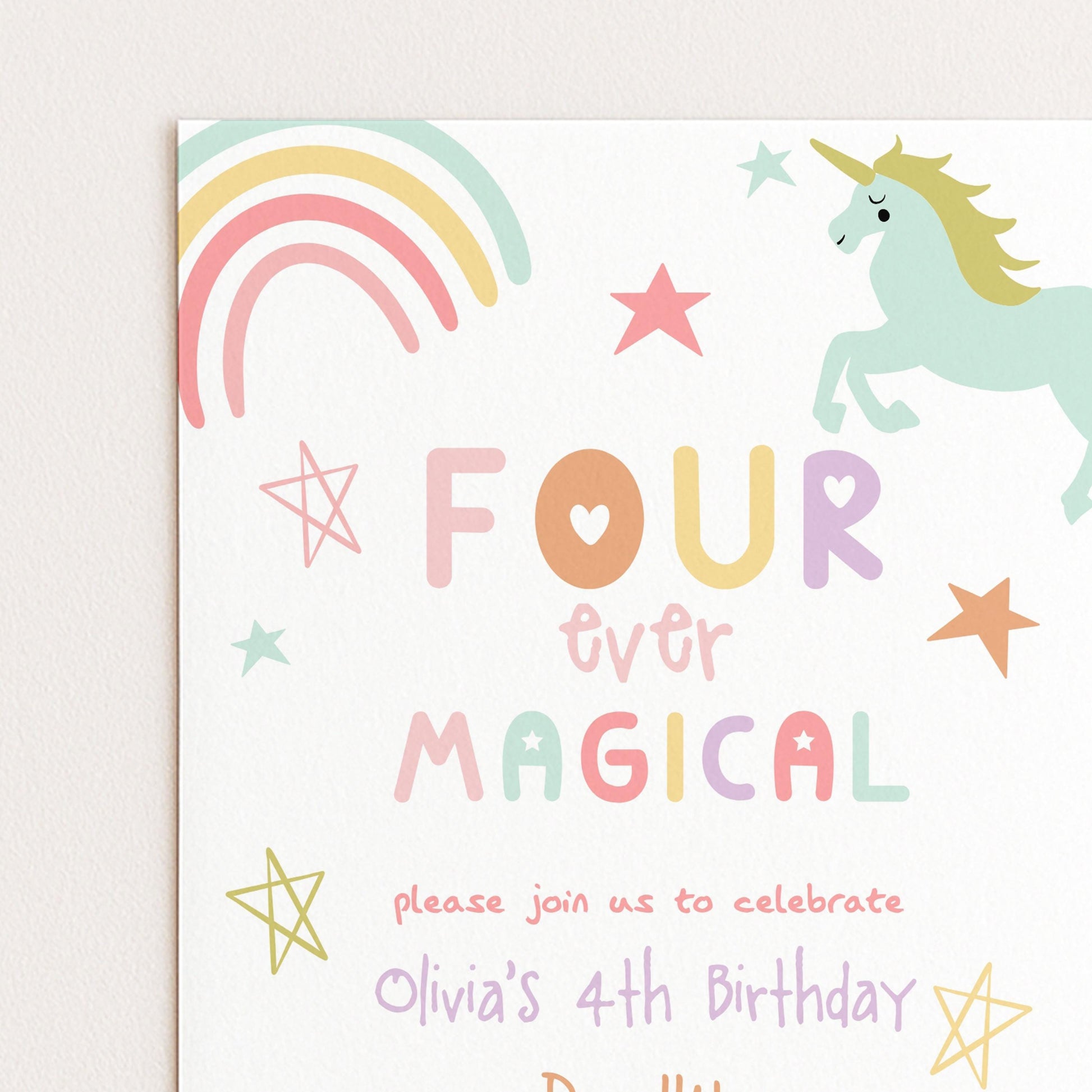 The image is a birthday invitation for a 4th birthday party, featuring a unicorn, stars, and a rainbow.