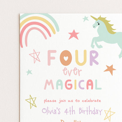 The image is a birthday invitation for a 4th birthday party, featuring a unicorn, stars, and a rainbow.