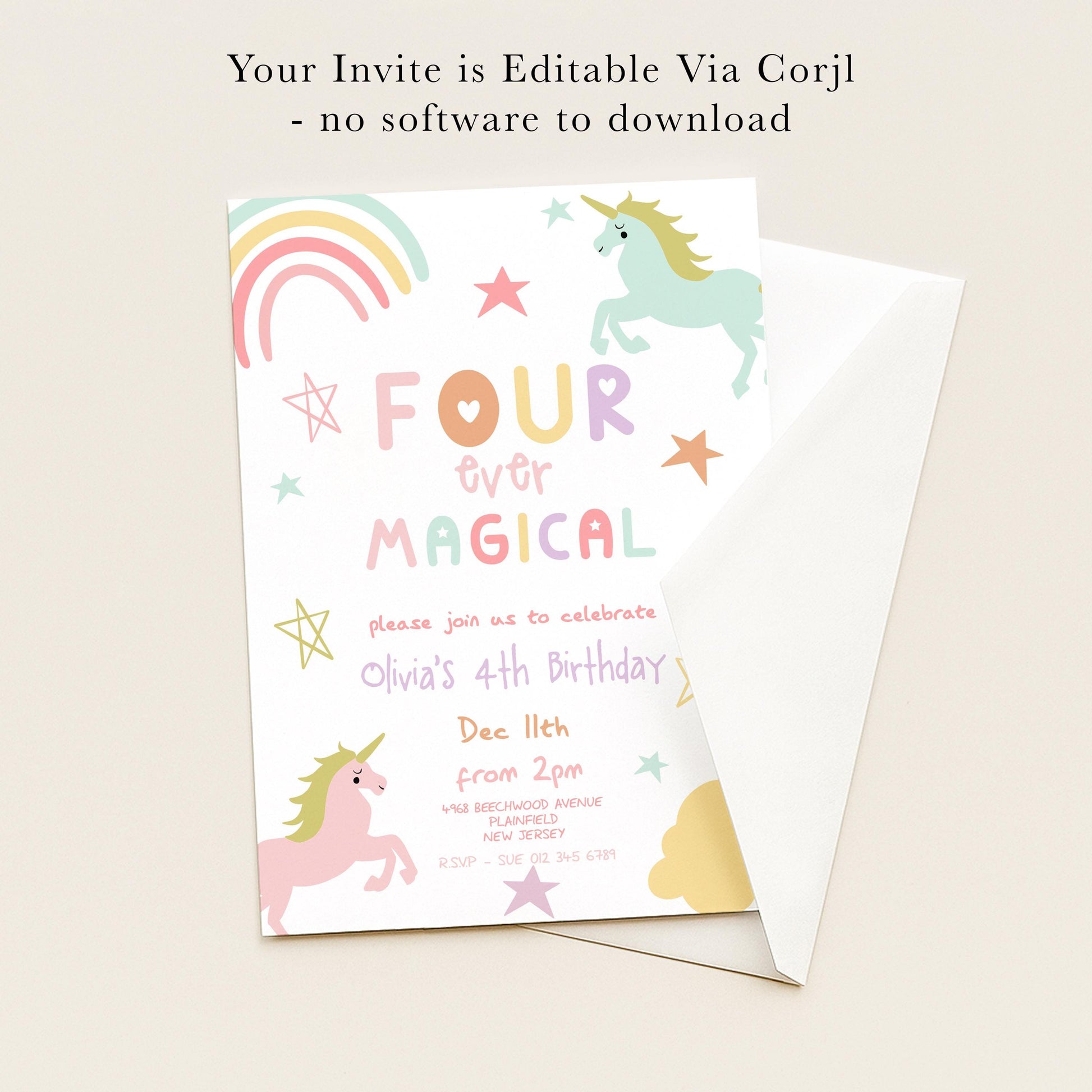 The image is a birthday invitation for a 4th birthday party, featuring a unicorn and stars as the main design elements.