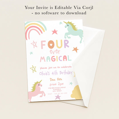 The image is a birthday invitation for a 4th birthday party, featuring a unicorn and stars as the main design elements.