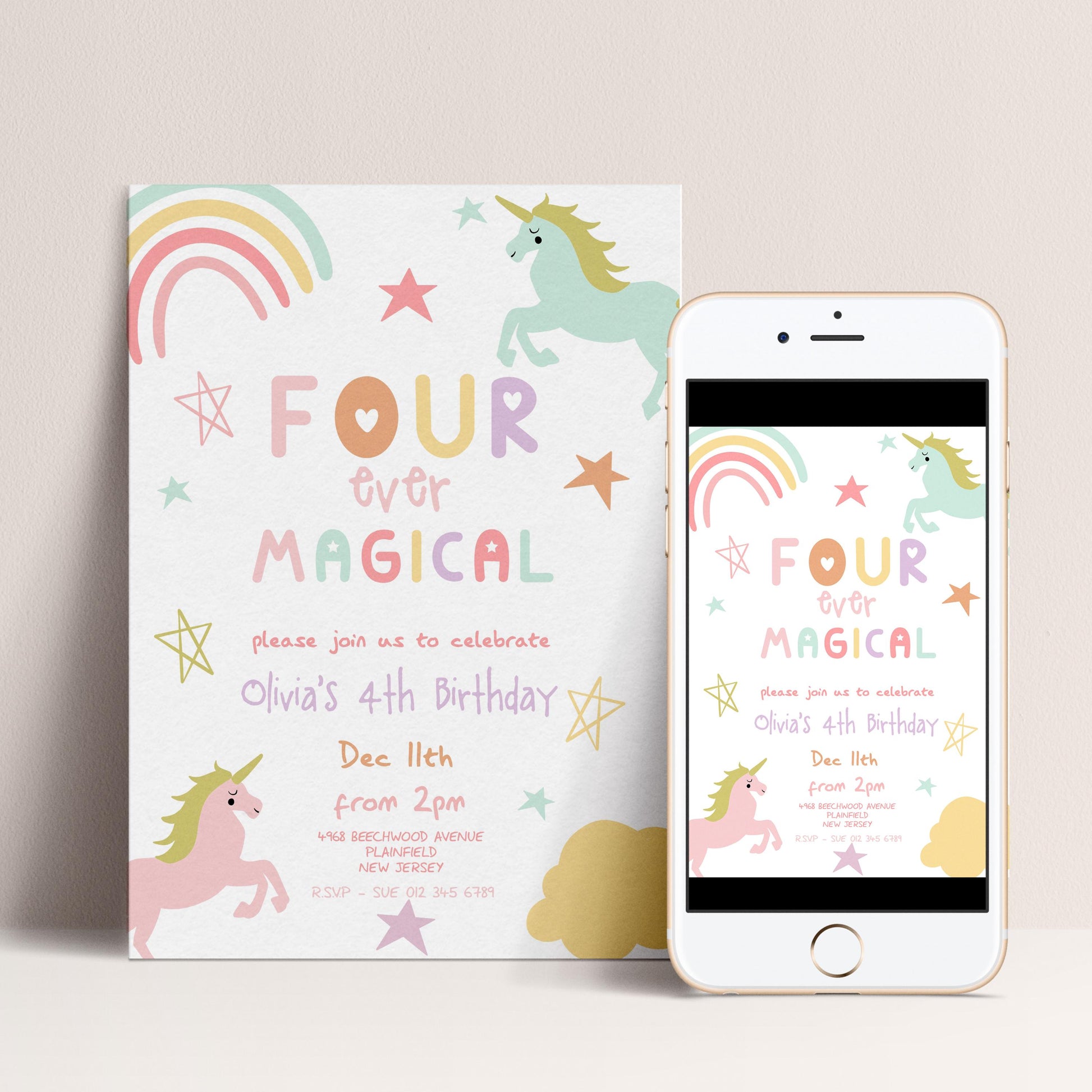 The image is a birthday invitation for a girl's 4th birthday party, featuring a unicorn and a rainbow design.