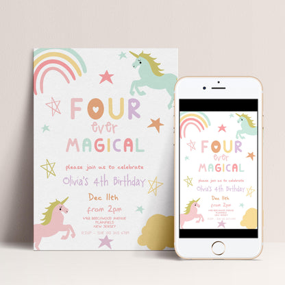 The image is a birthday invitation for a girl's 4th birthday party, featuring a unicorn and a rainbow design.