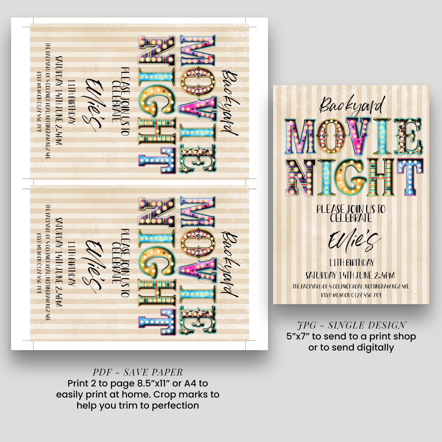 a flyer for a backyard movie night event. The flyer has a colorful design with text and graphics, inviting people to join the celebration of Elisabeth's birthday. The flyer also provides instructions for printing and sending the event details.