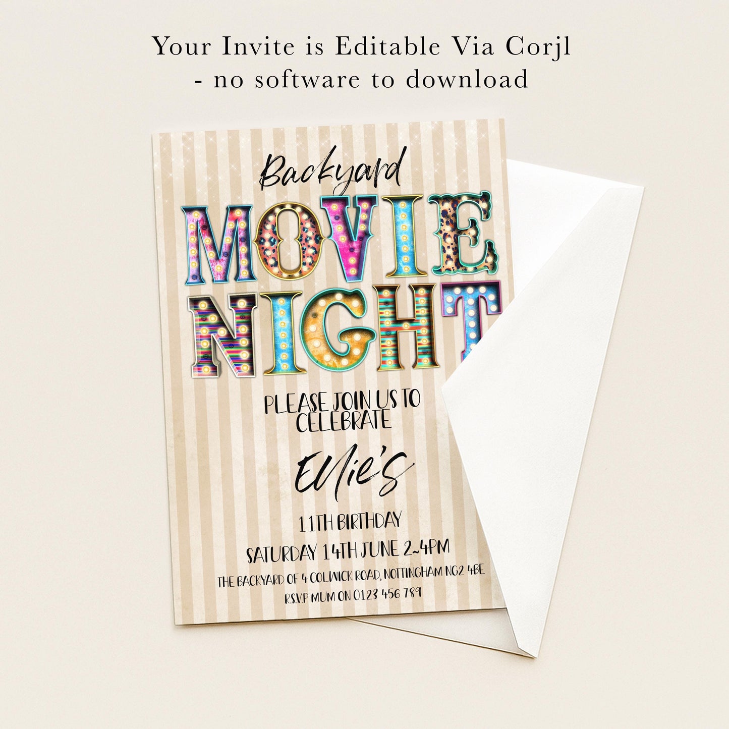 The image is a promotional invitation for a backyard movie night event.