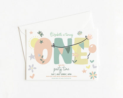 A birthday party invitation for a one-year-old named Elizabeth, featuring a colorful design with the word "ONE" and various decorative elements such as flowers, stars, and balloons.