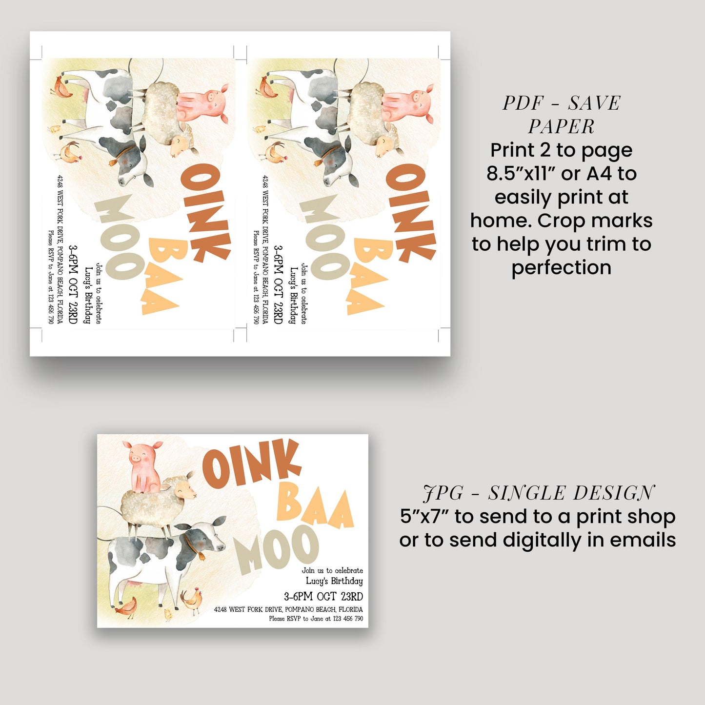 text and illustrations related to a birthday party theme, including a cow and pig, and instructions for printing and sending invitations.