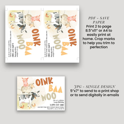 text and illustrations related to a birthday party theme, including a cow and pig, and instructions for printing and sending invitations.