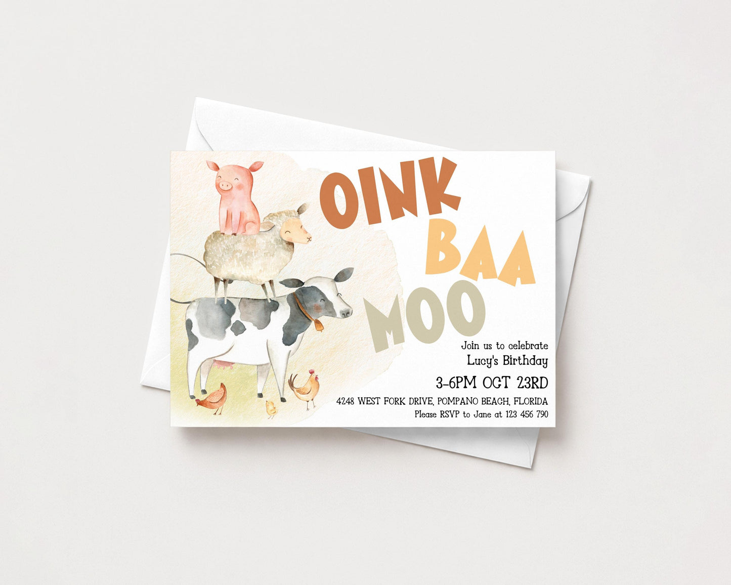 The image is a birthday invitation featuring a cartoon illustration of a pig, sheep, and cow, along with the text "OINK BAA MOO MOO" and the event details.
