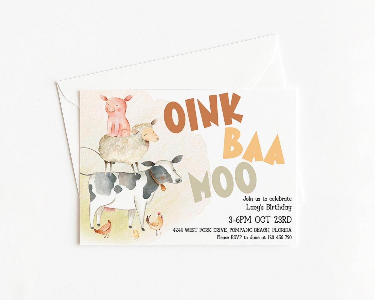 The image is a birthday invitation featuring a cartoon illustration of a pig, sheep, and cow, along with the text "OINK BAA MOO" and details about a birthday celebration.