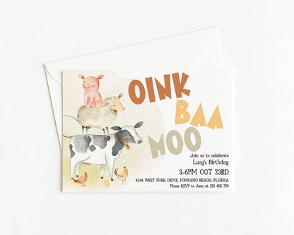 The image is a birthday invitation featuring a cartoon illustration of a pig, sheep, and cow, along with the text "OINK BAA MOO" and details about a birthday celebration.