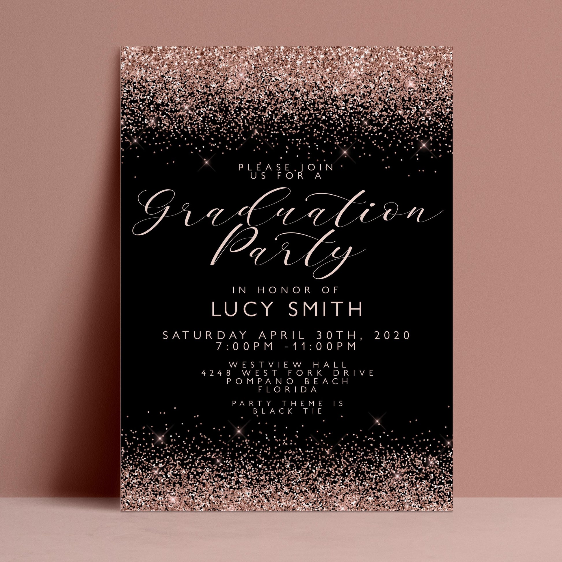 The image is a graduation party invitation with a black background and a glittery gold border. The text invites guests to a graduation party in honor of Lucy Smith, scheduled for Saturday, April 30th, 2020, from 7:00 PM to 11:00 PM. The event is held at Westview Drive, Pompano Beach, Florida Beach, and will be a black-tie party.