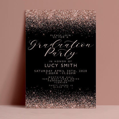 The image is a graduation party invitation with a black background and a glittery gold border. The text invites guests to a graduation party in honor of Lucy Smith, scheduled for Saturday, April 30th, 2020, from 7:00 PM to 11:00 PM. The event is held at Westview Drive, Pompano Beach, Florida Beach, and will be a black-tie party.