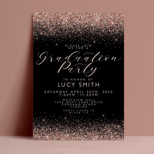 The image is a graduation party invitation with a black background and a glittery gold border. The text invites guests to a graduation party in honor of Lucy Smith, scheduled for Saturday, April 30th, 2020, from 7:00 PM to 11:00 PM. The event is held at Westview Drive, Pompano Beach, Florida Beach, and will be a black-tie party.