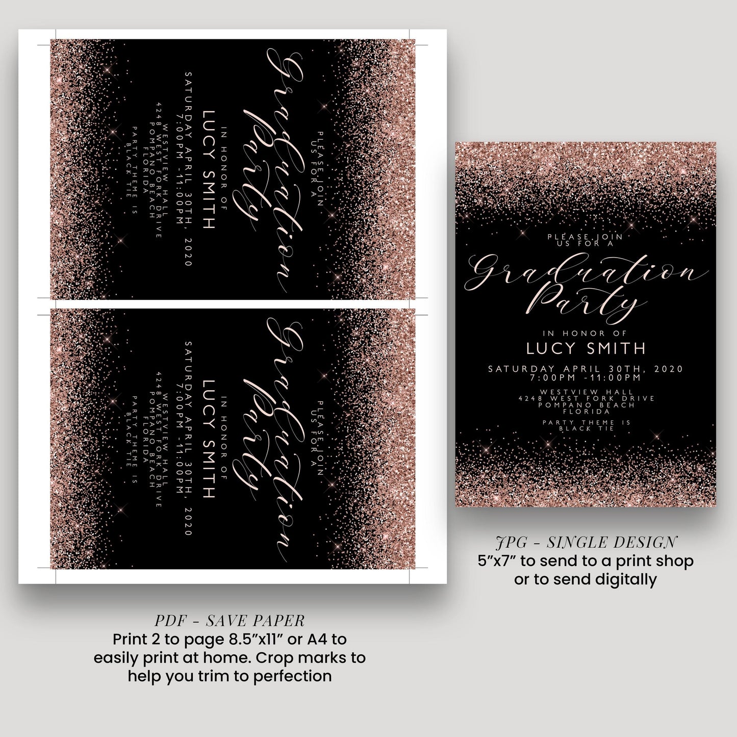 two pages of a graduation party invitation. The left page is a larger one with a black background and gold glitter accents, while the right page is a smaller one with a black background and gold glitter accents. The text on both pages is in a cursive font and includes details about the graduation party, such as the date, time, location, and guest list. The invitation also includes instructions for printing and sending the invitation, as well as a note about the size of the print.