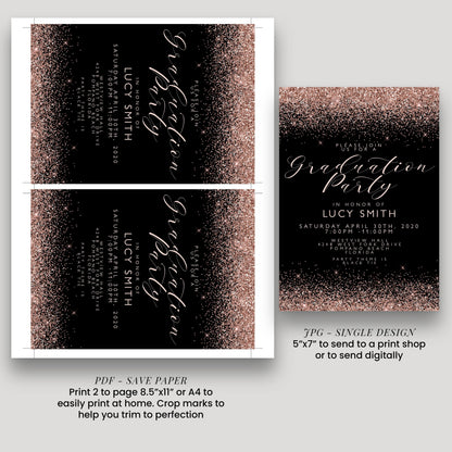 two pages of a graduation party invitation. The left page is a larger one with a black background and gold glitter accents, while the right page is a smaller one with a black background and gold glitter accents. The text on both pages is in a cursive font and includes details about the graduation party, such as the date, time, location, and guest list. The invitation also includes instructions for printing and sending the invitation, as well as a note about the size of the print.