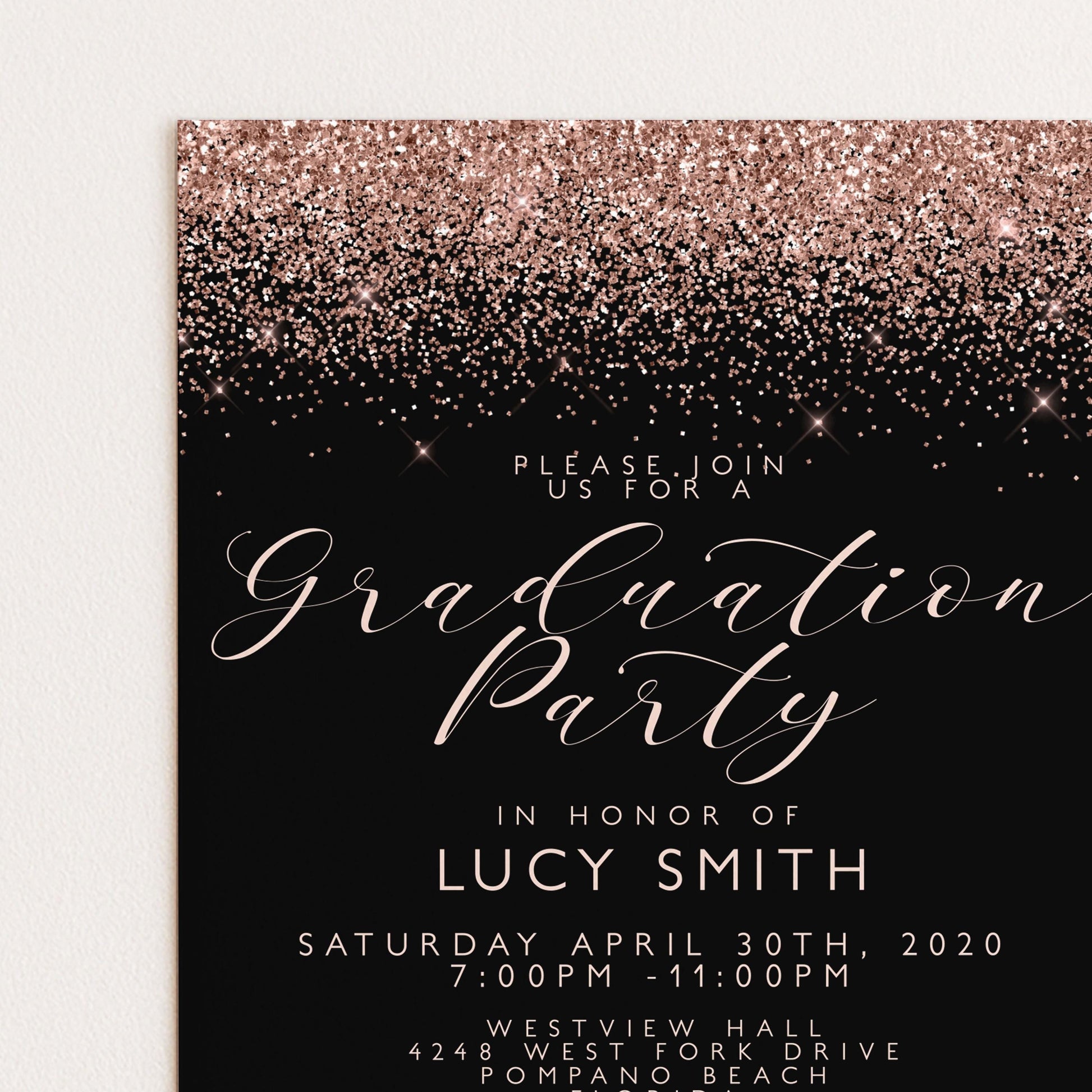 The image is a graduation party invitation featuring a black background with a glittery gold glitter effect. The text invites guests to "Please join us for a Graduation Party in honor of LUCY SMITH" and provides details about the event, including the date, time, and location.