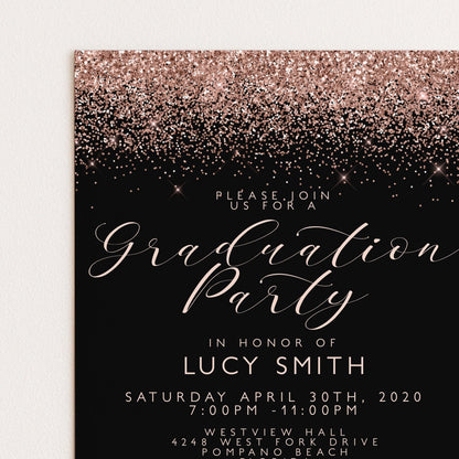 The image is a graduation party invitation featuring a black background with a glittery gold glitter effect. The text invites guests to "Please join us for a Graduation Party in honor of LUCY SMITH" and provides details about the event, including the date, time, and location.