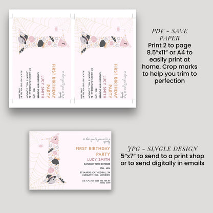 a set of invitation cards for a first birthday party, including instructions for printing and sending the cards.
