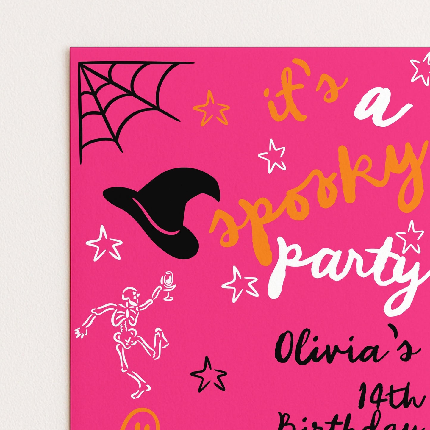 The image is a pink party invitation featuring a skeleton, a witch's hat, and stars, along with the text "It's a spooky party" and "Olivia's 14th birthday".