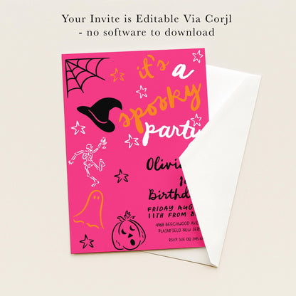 The image is a pink invitation card with Halloween-themed illustrations and text, inviting guests to a spooky party.
