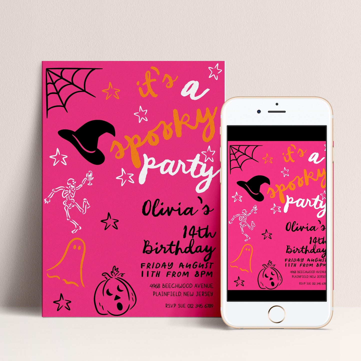 A pink birthday party invitation for a 14th birthday celebration, featuring a spider web, stars, and a skeleton.