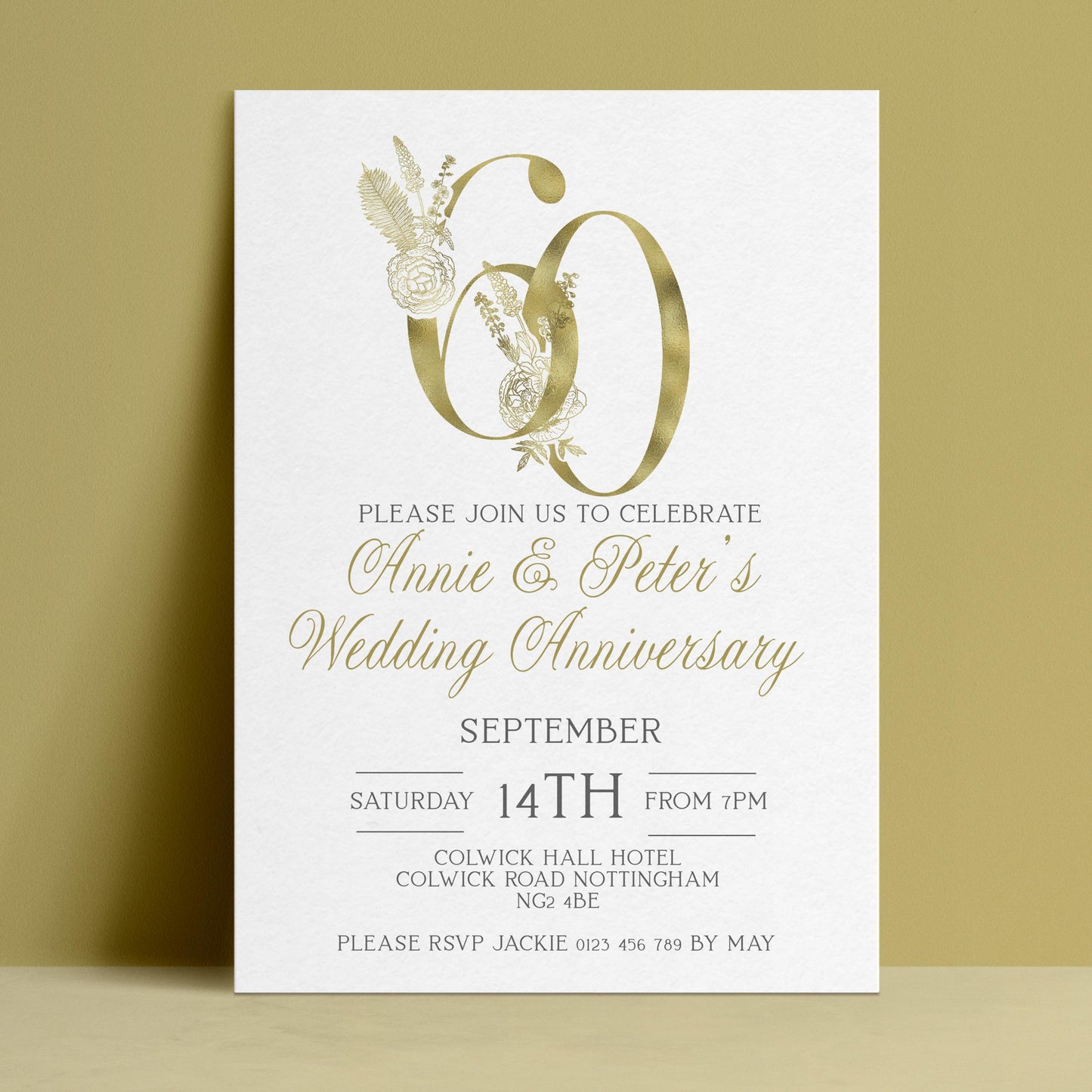 The image is a wedding anniversary invitation for Annie and Peter, celebrating their 60th wedding anniversary.