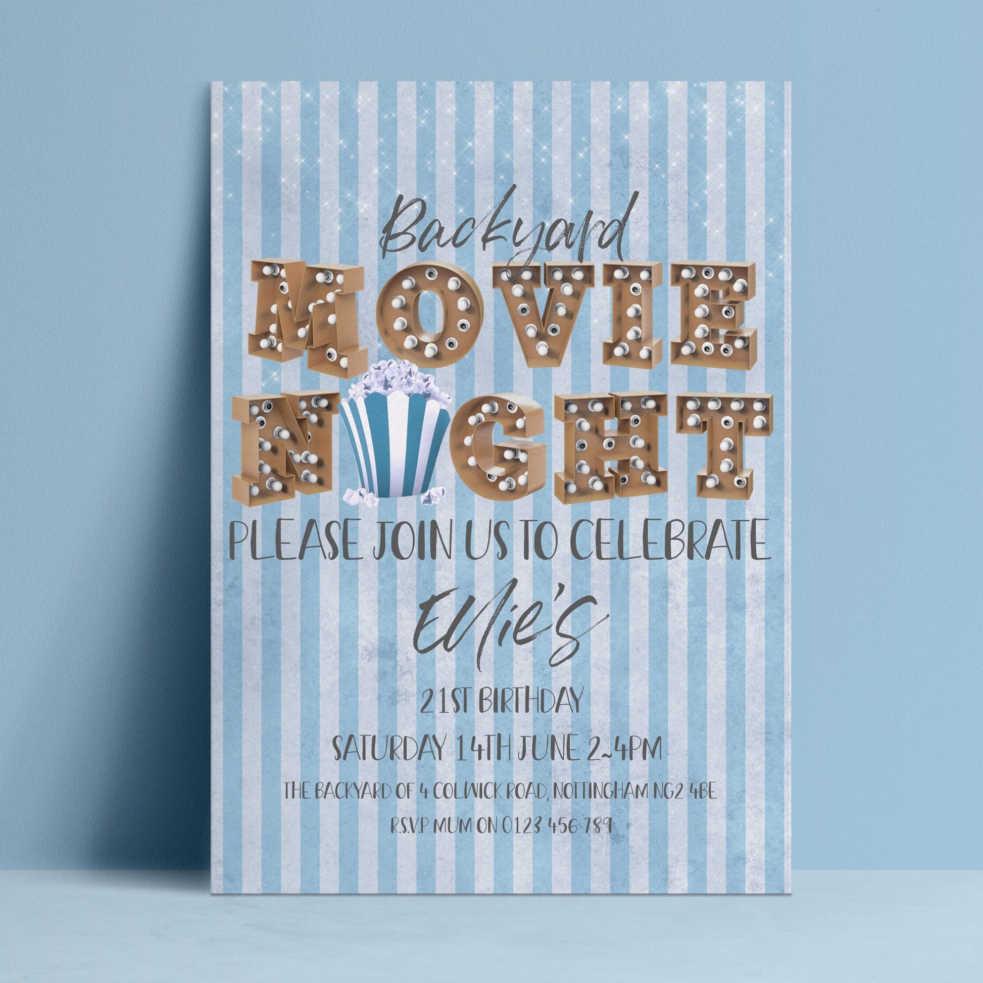 A blue and white striped party invitation for a backyard movie night, inviting guests to celebrate someone's 21st birthday.