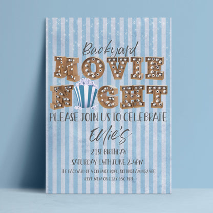 A blue and white striped party invitation for a backyard movie night, inviting guests to celebrate someone's 21st birthday.
