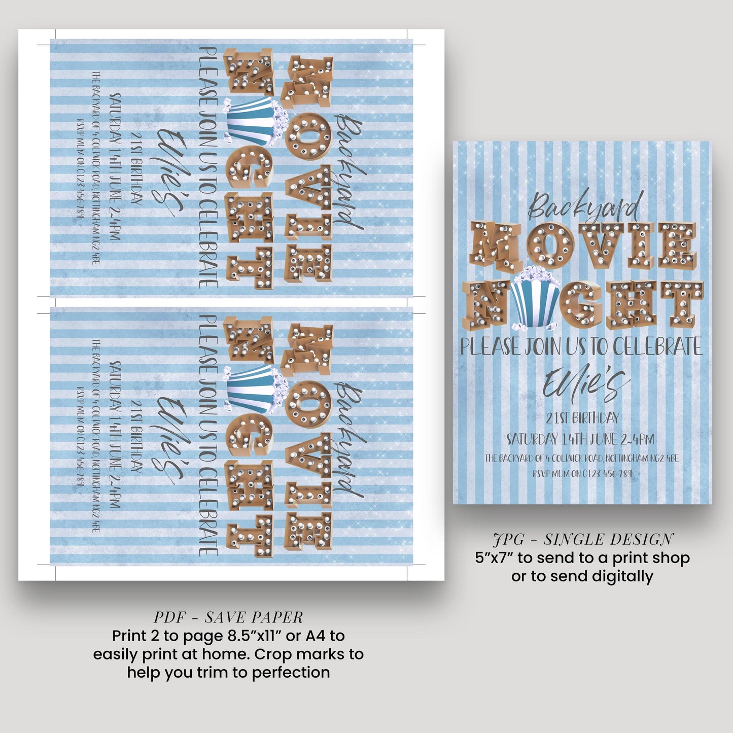 two invitation designs for a "Backyard Movie Night" event. The designs feature a blue and white striped background with the text "Backyard Movie Night Please join us to celebrate Eilish's 21st birthday Saturday, 14th June 2:30 PM" printed on them. The designs also include instructions for printing and sending the invitations, as well as a size indication for the printed version, which is described as a "SINGLE DESIGN" that is 5"x7" to send to a print s
