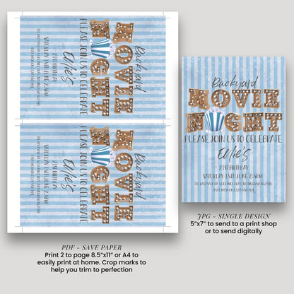 two invitation designs for a "Backyard Movie Night" event. The designs feature a blue and white striped background with the text "Backyard Movie Night Please join us to celebrate Eilish's 21st birthday Saturday, 14th June 2:30 PM" printed on them. The designs also include instructions for printing and sending the invitations, as well as a size indication for the printed version, which is described as a "SINGLE DESIGN" that is 5"x7" to send to a print s