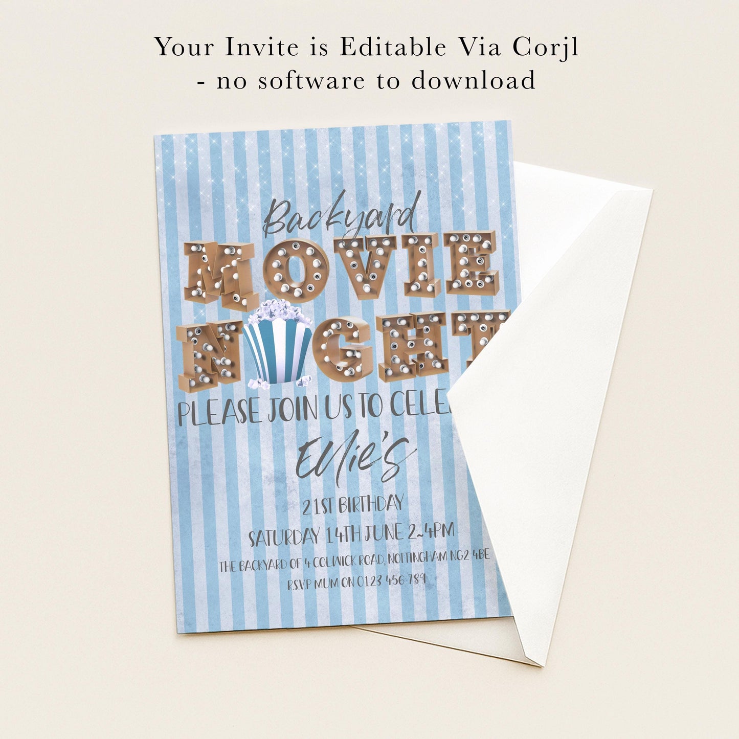 The image is a birthday invitation for a backyard movie night, inviting guests to join for a celebration on Saturday, June 14th at 2:45 PM.