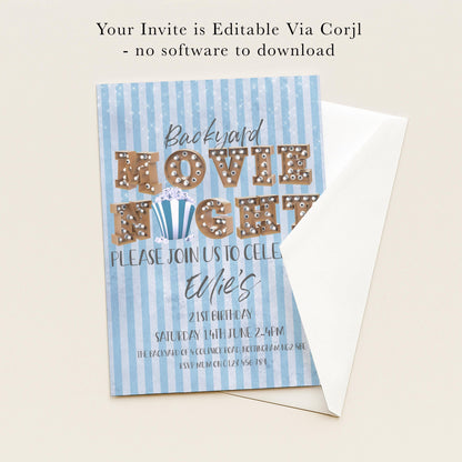 The image is a birthday invitation for a backyard movie night, inviting guests to join for a celebration on Saturday, June 14th at 2:45 PM.