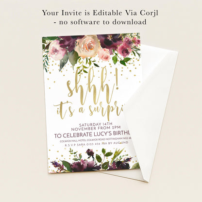 The image is a floral print invitation card with gold and purple accents, featuring the text "shh! it's a surprise" and the date and location details for a surprise birthday party.
