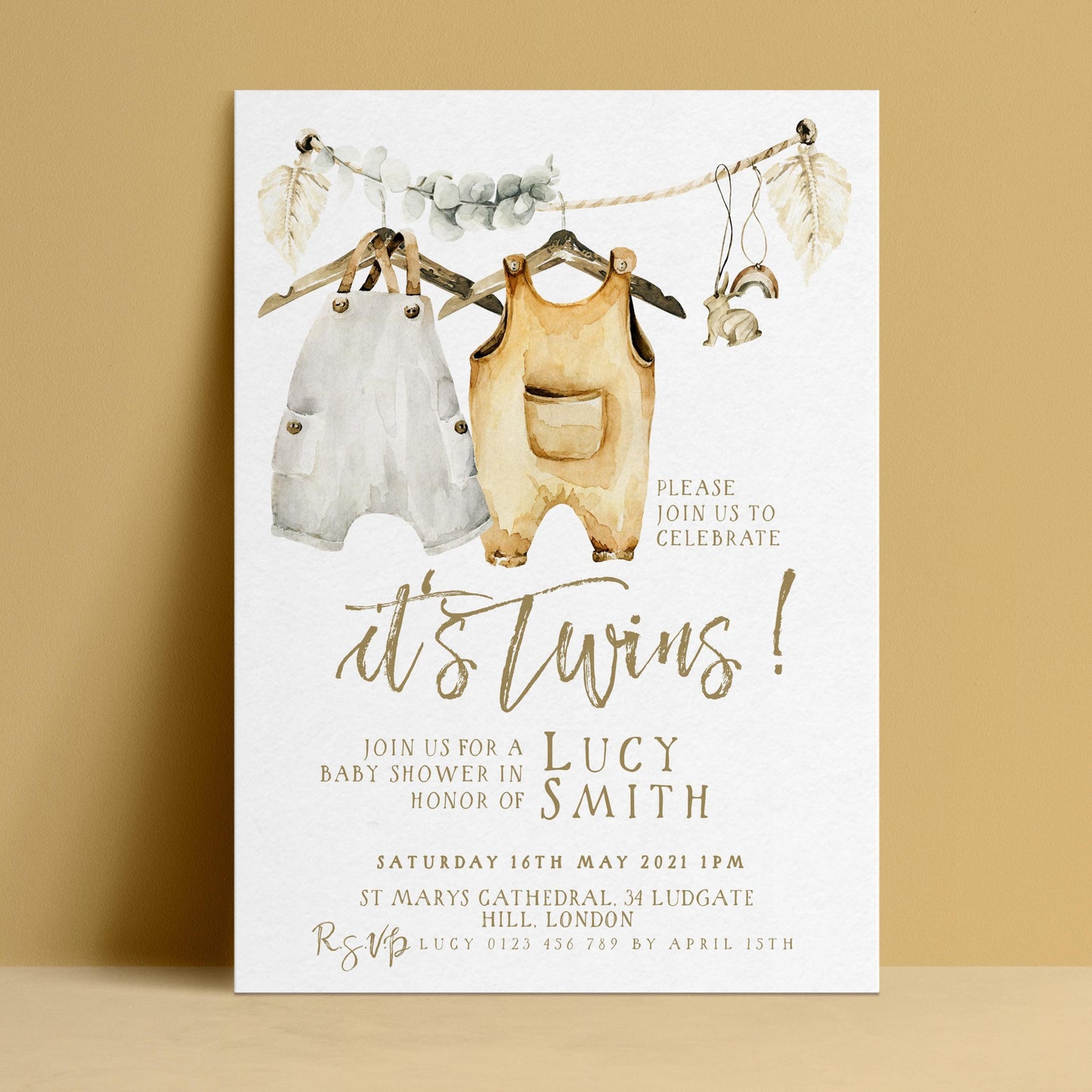 The image is a baby shower invitation for two babies named Lucy Smith.