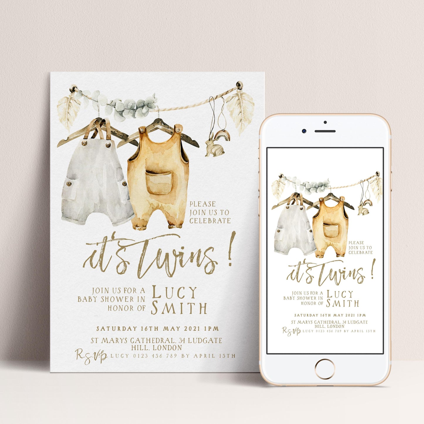 The image is a baby shower invitation featuring illustrations of baby clothes and a baby shower banner.