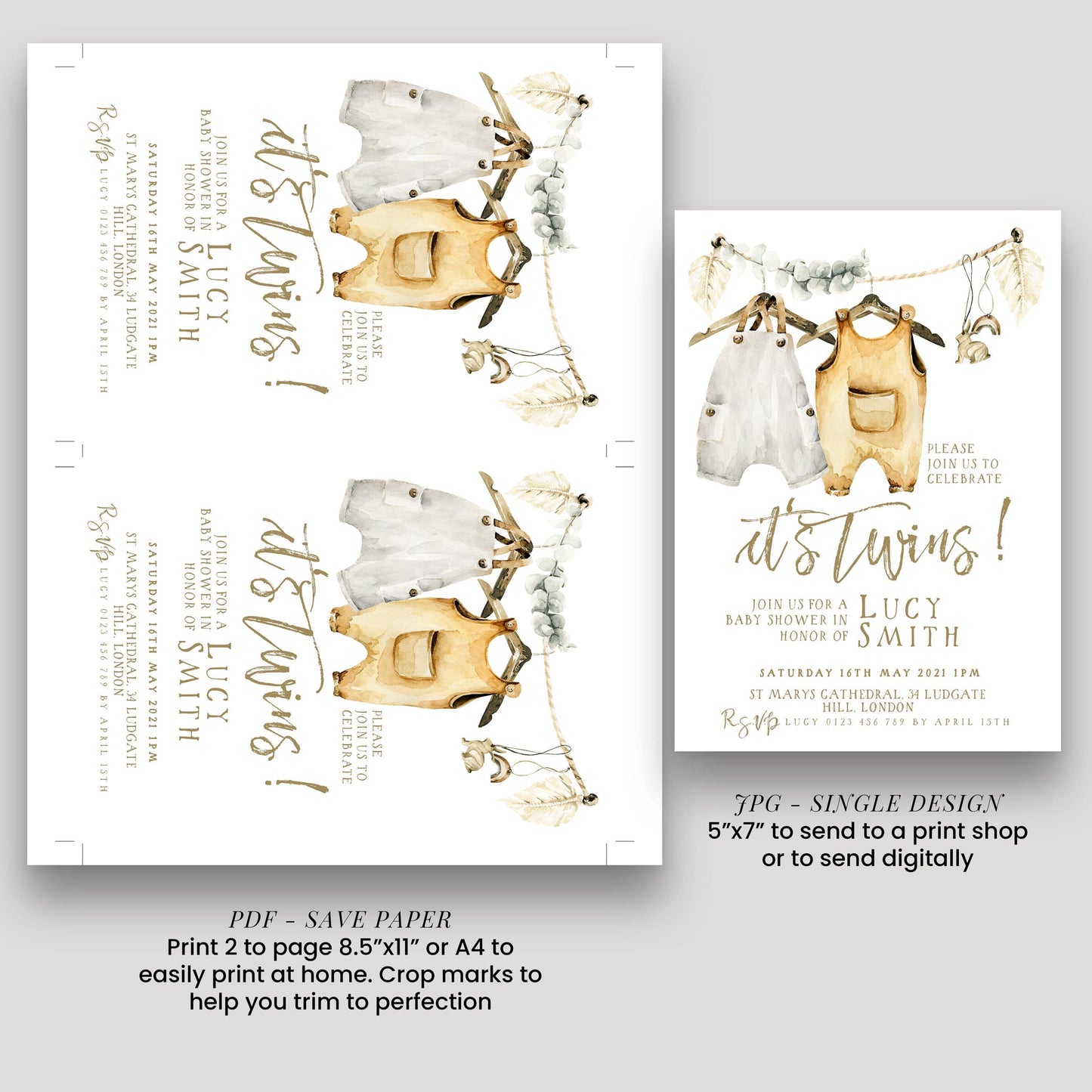 The image is a baby shower invitation for two babies named Lucy Smith. It features illustrations of baby clothes and a baby shower banner.