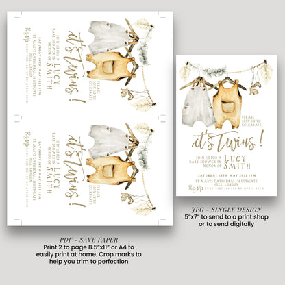 The image is a baby shower invitation for two babies named Lucy Smith. It features illustrations of baby clothes and a baby shower banner.