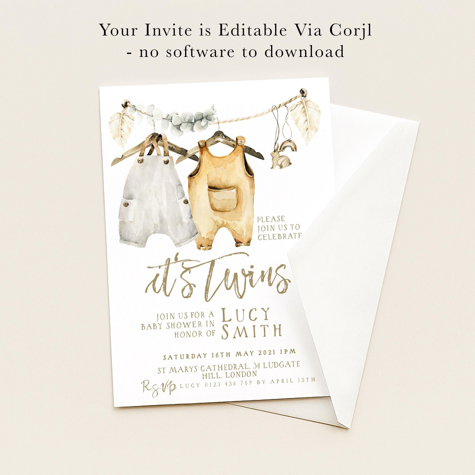 The image is a baby shower invitation for Lucy and Smith, featuring illustrations of baby clothes and a baby shower banner.