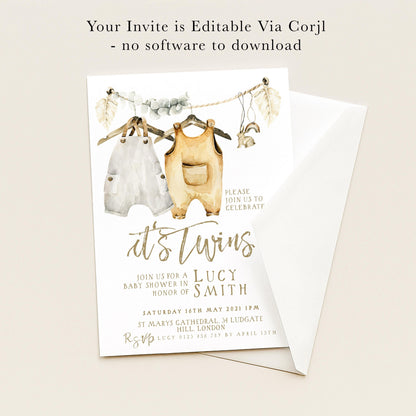 The image is a baby shower invitation for Lucy and Smith, featuring illustrations of baby clothes and a baby shower banner.