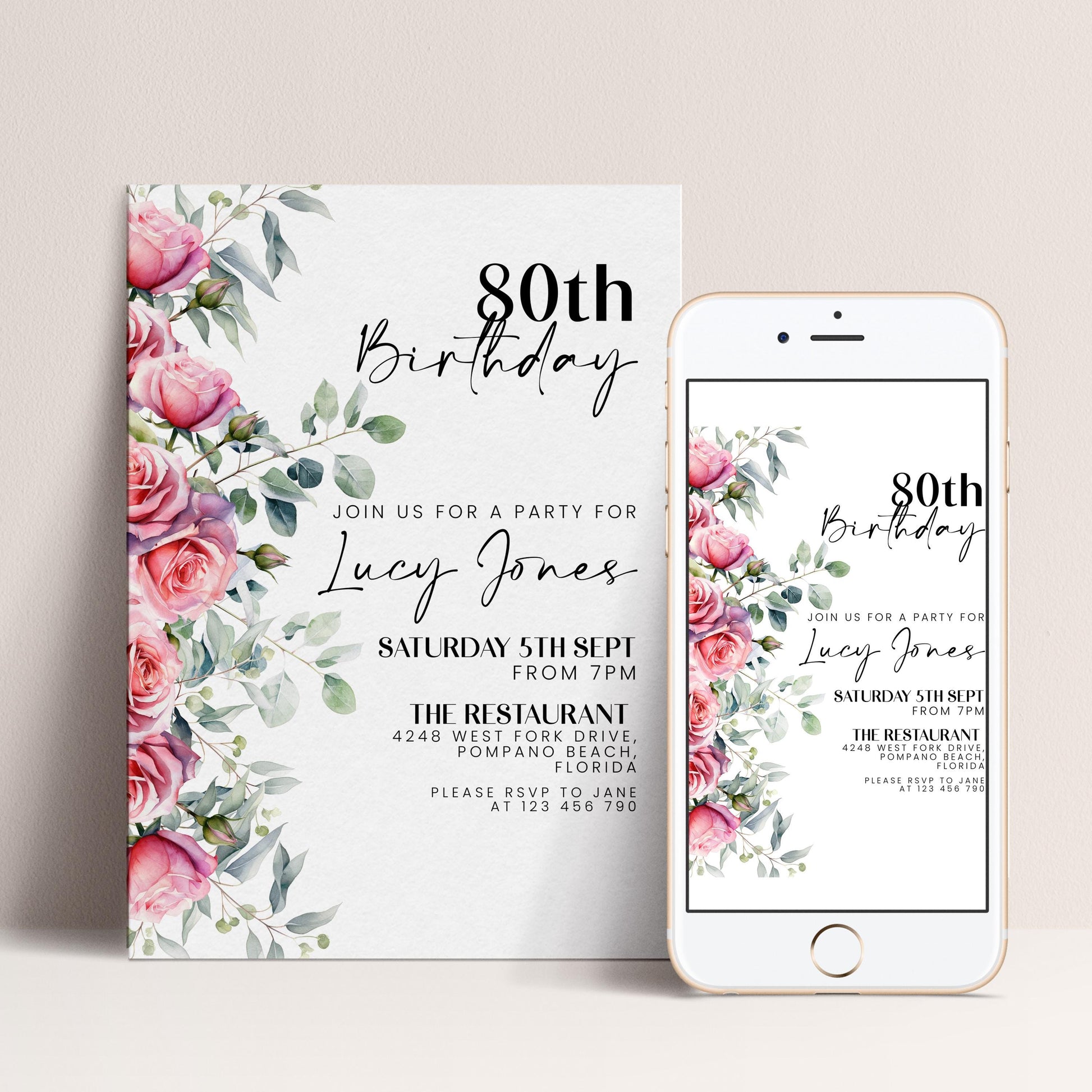 The image is a birthday invitation for Lucy Jones celebrating her 80th birthday. It features a floral design with pink roses and greenery, and includes details about the party, including the date, time, location, and RSVP instructions.