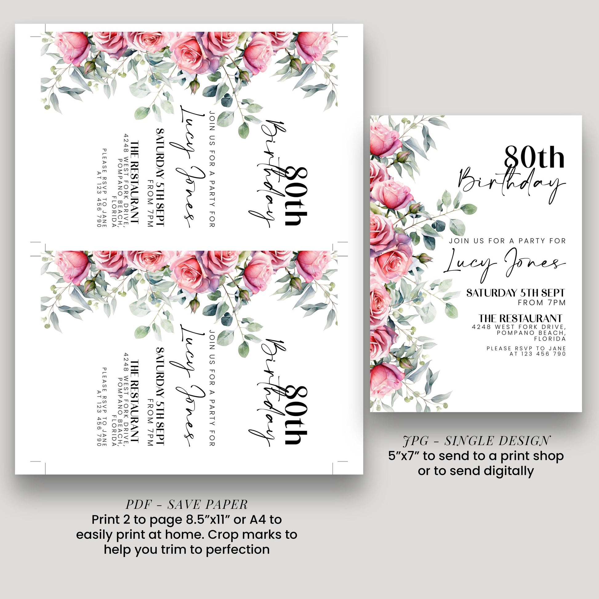 a birthday party invitation for Lucy Jones' 80th birthday. The invitation features a floral design with pink roses and greenery, and includes details about the party, such as the date, time, location, and RSVP information.